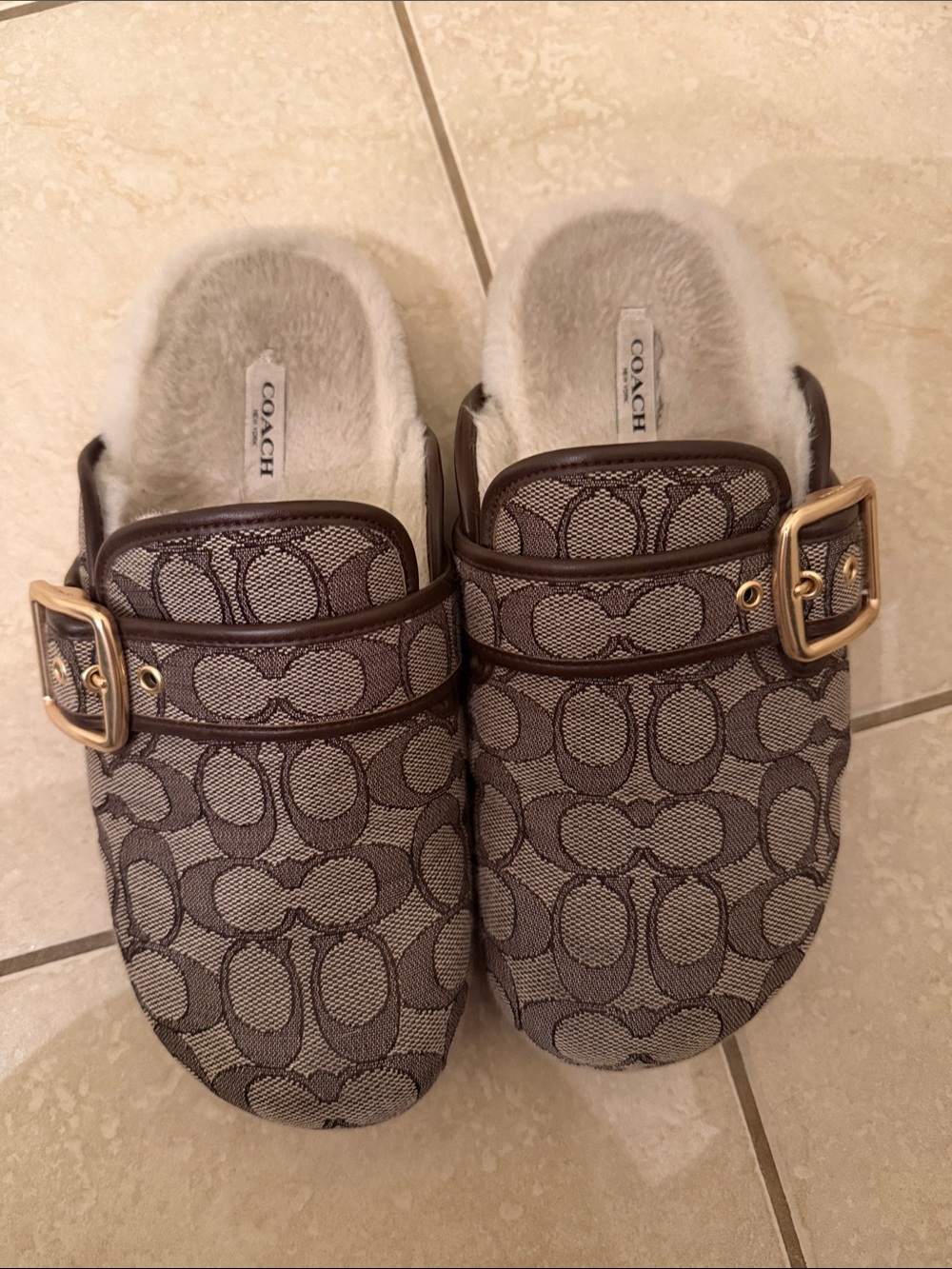 Coach Brown Logo Jacquard Shearling-Trim Slip-On Mules with Buckle